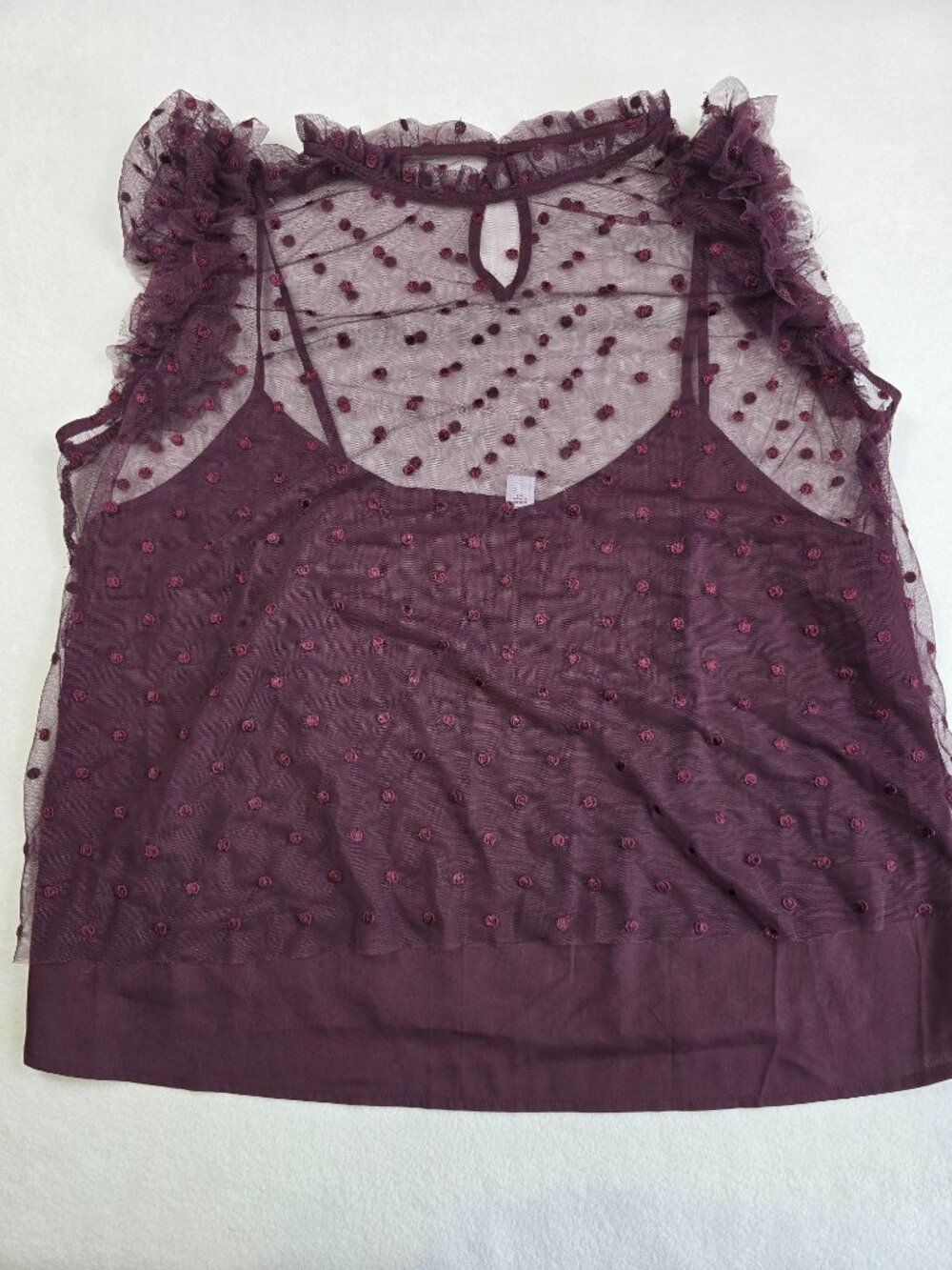 Old Navy Womens XL Plum Swiss Dot Sleeveless Sheer Ruffle Top